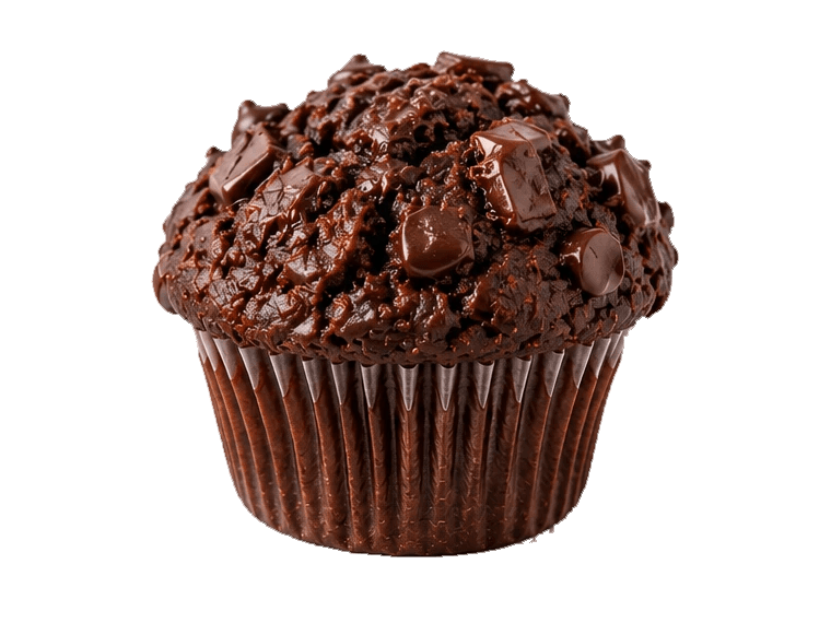 a dark chocolate muffin with a domed top covered in glossy chocolate chunks